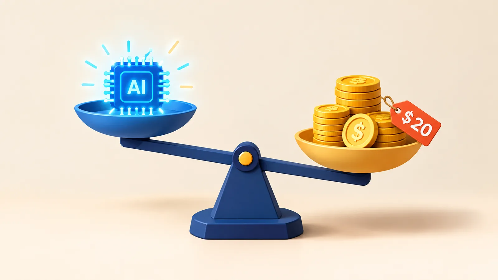 A balance scale weighing a glowing AI spark against a price tag, representing whether Cursor is worth the cost.