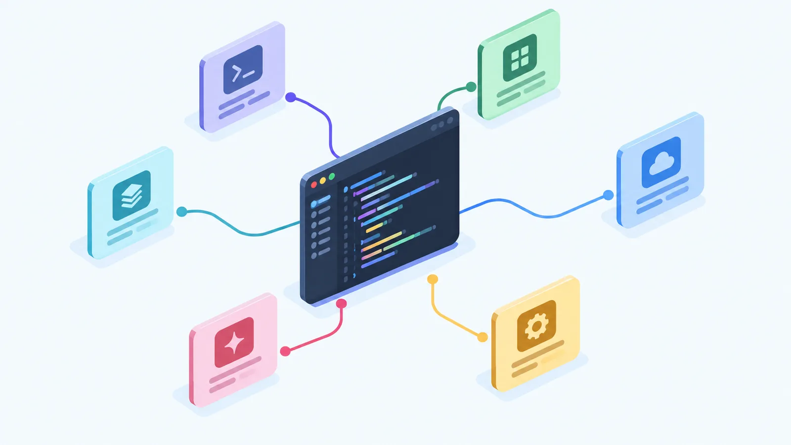A central code editor with several alternative app tiles branching around it, representing the best Cursor alternatives in 2026.