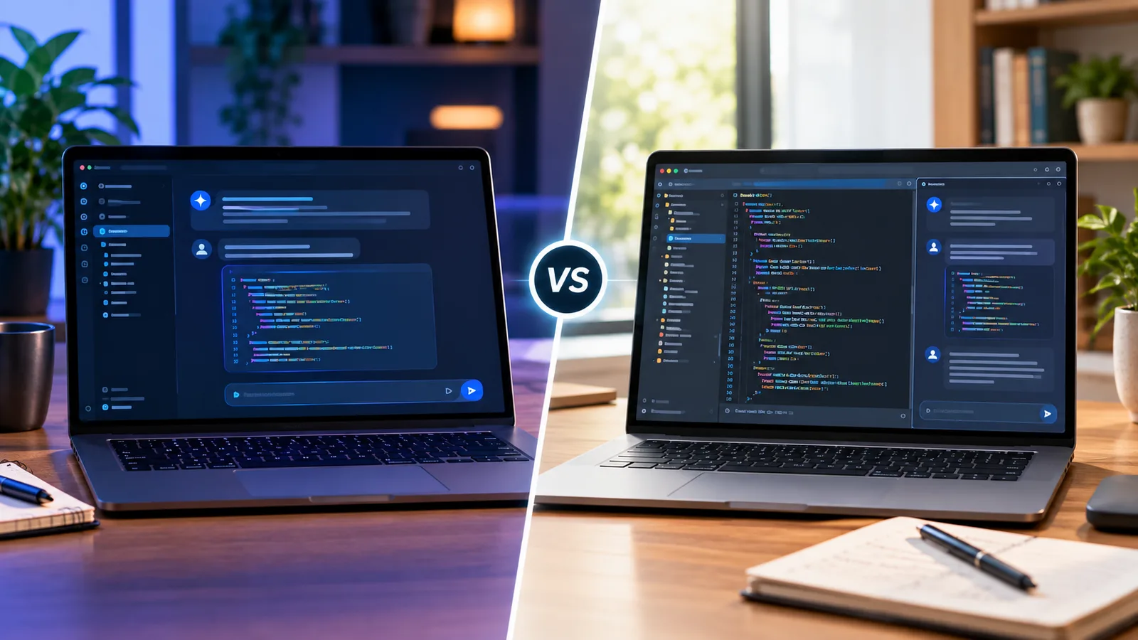 A split screen comparing the Cursor AI editor and GitHub Copilot, representing a head-to-head of the two AI coding tools.
