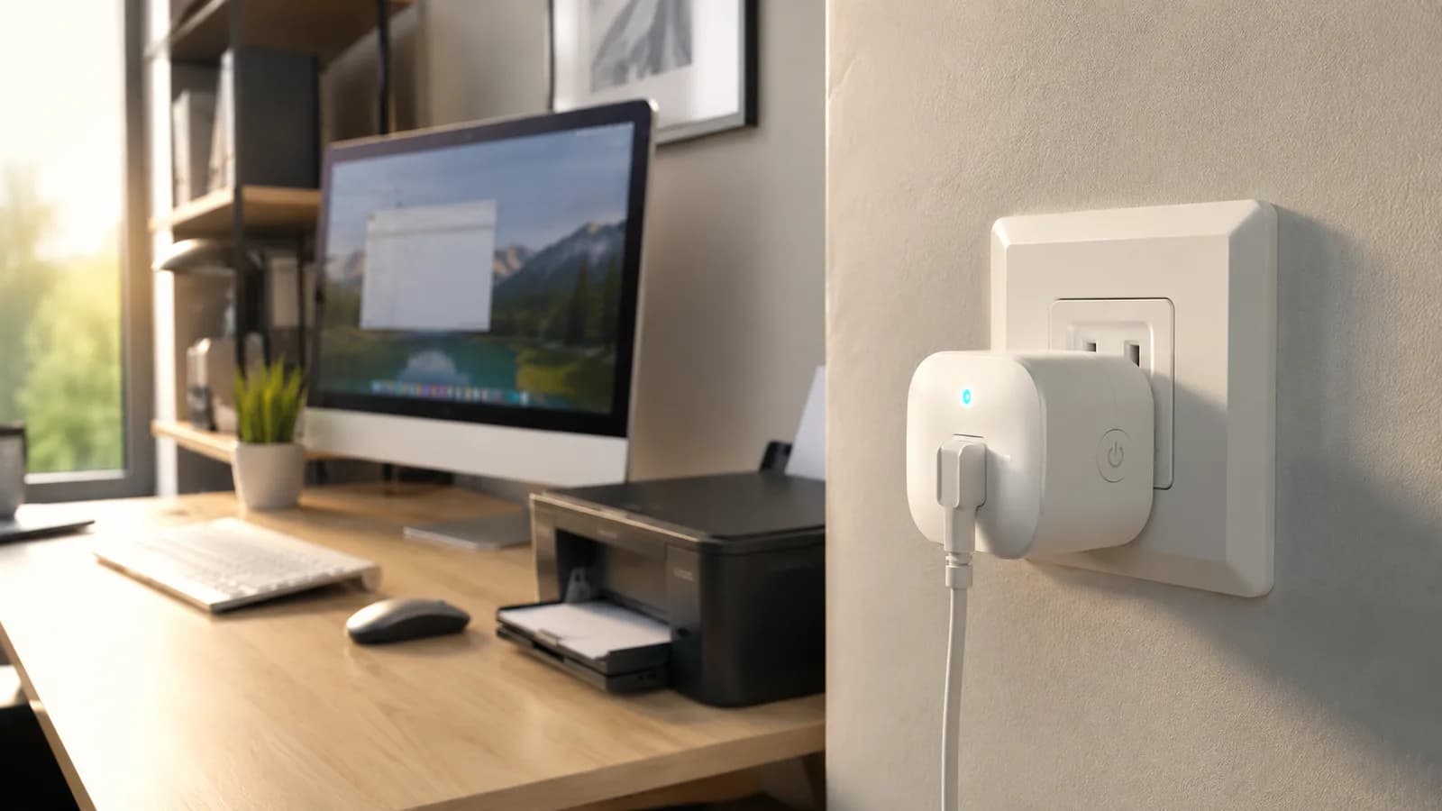A smart plug in a home-office wall socket with a desktop, monitor, and printer nearby, representing the question of whether smart plugs save money.