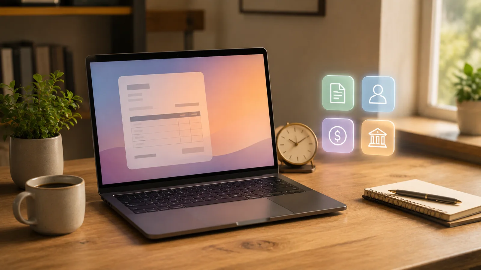 A freelancer's desk with a laptop showing an invoice, a clock, and a few app icons arranged as a get-paid toolkit.