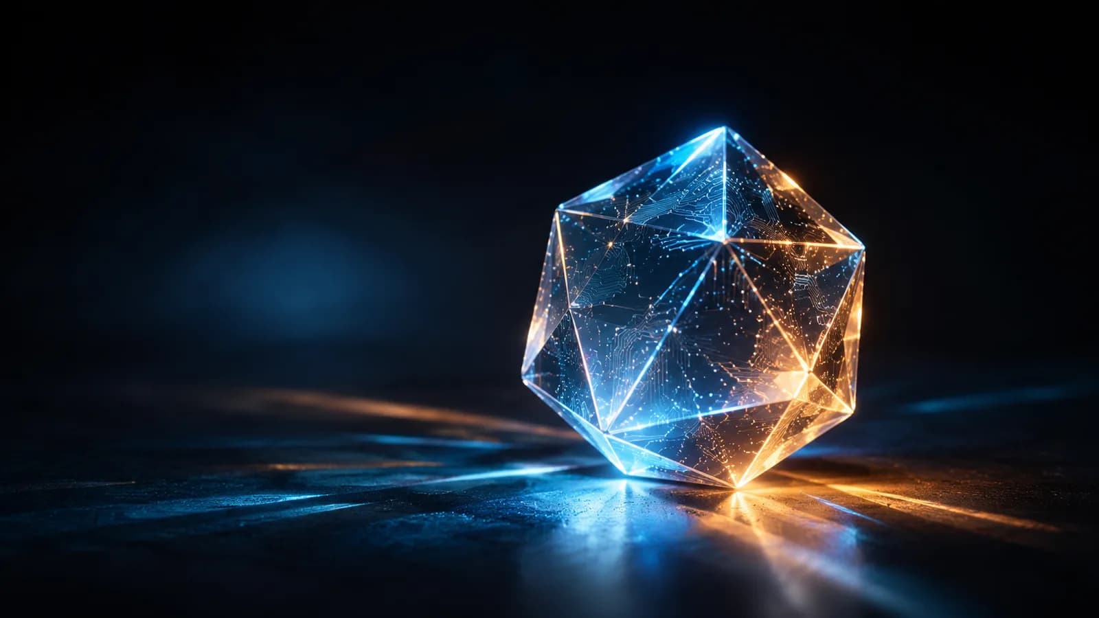 A glowing faceted crystal with circuitry inside, lit blue and amber on a dark reflective surface, representing a custom AI Gem.