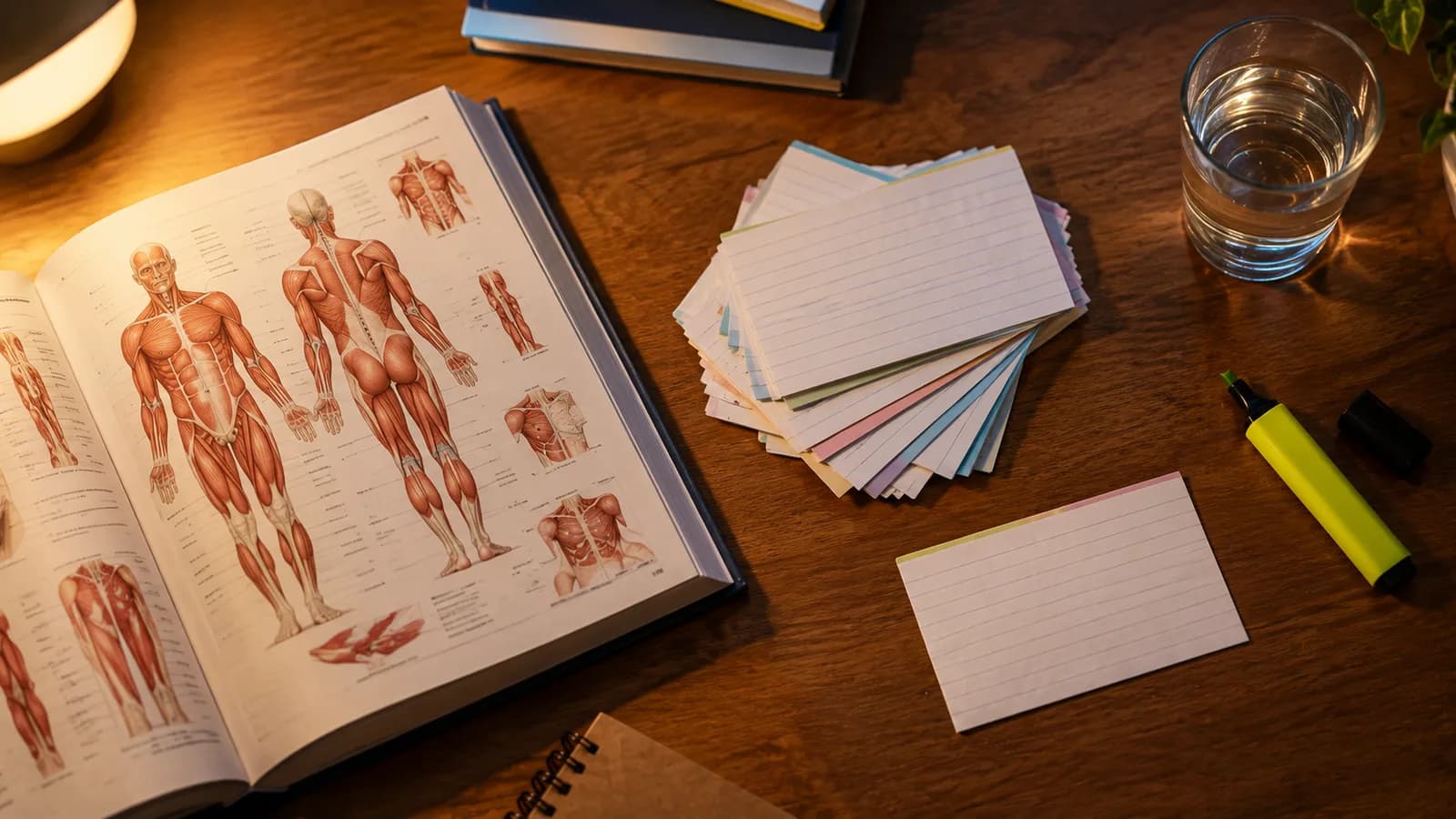 An anatomy atlas open at the muscular system on a wooden desk, beside a fanned stack of revision flashcards, a highlighter and a glass of water under warm lamp light.