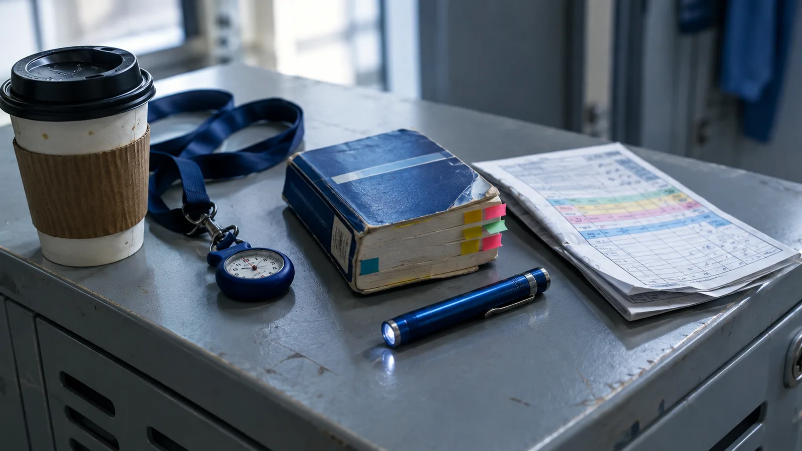 A nursing student's kit on a metal locker top at the end of a shift: a fob watch on a navy lanyard, a tabbed drug reference book, a pen torch, a folded observation chart and a disposable coffee cup.