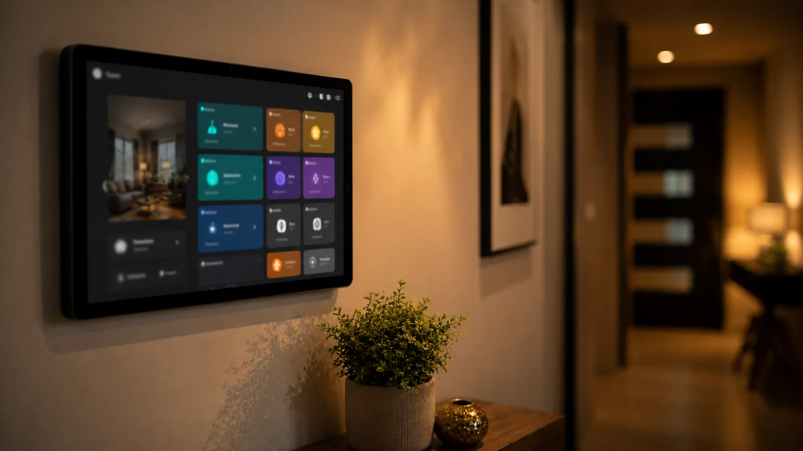 A wall-mounted tablet in a warmly lit hallway showing a dark smart-home dashboard of colourful control tiles, with a small potted plant on the console beneath.