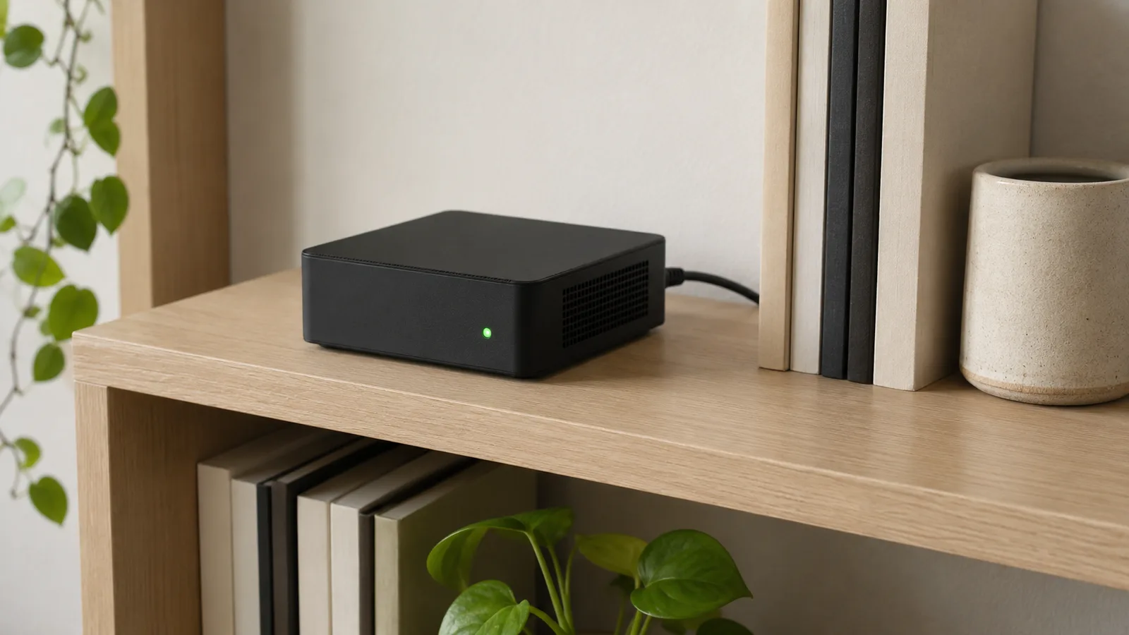 A small black mini PC on a pale wooden bookshelf in daylight, ethernet cable plugged into the back and a steady green power light on the front, beside books, a ceramic pot and a trailing plant.