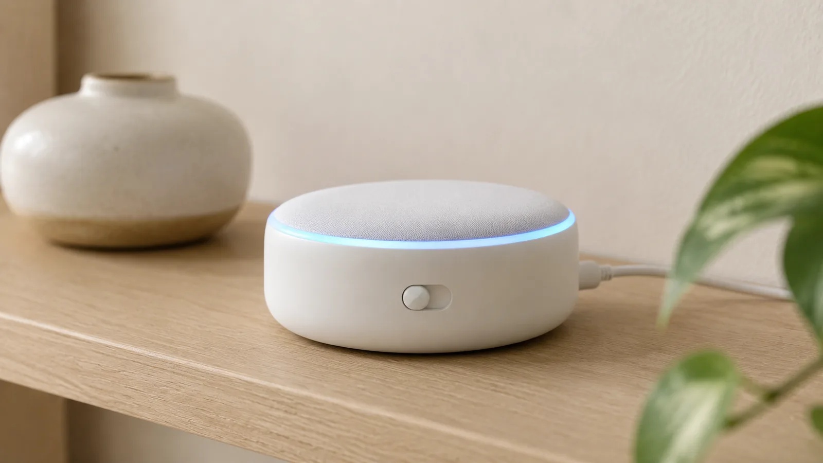 A small white smart speaker puck on a pale wooden shelf in daylight, a soft blue light ring around its top edge, a physical toggle switch on its side, and a USB-C cable trailing from the back, beside a ceramic vase and a plant.