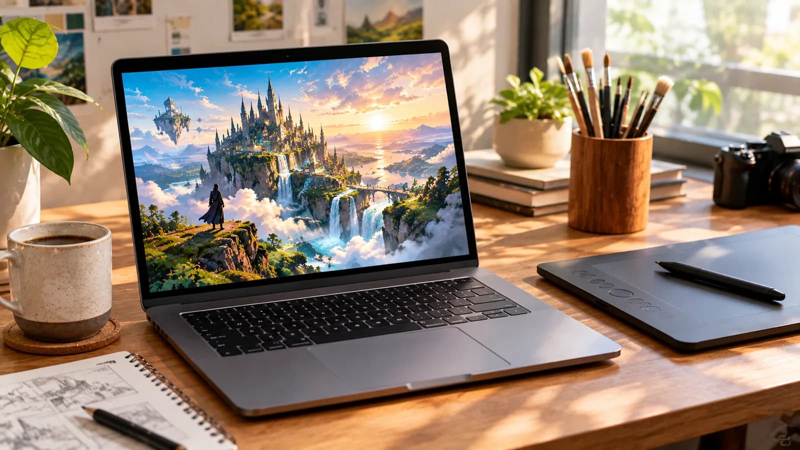 A creative workspace with a laptop showing a freshly generated AI artwork, illustrating getting started with Midjourney.