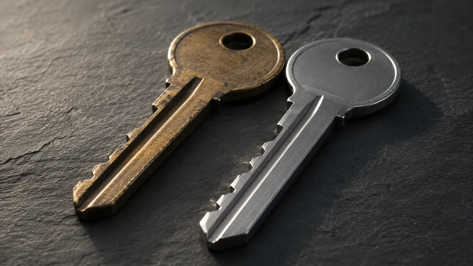 Two keys lying side by side on dark slate, one worn brass and one new stainless steel, cut with different teeth but clearly made for the same lock.