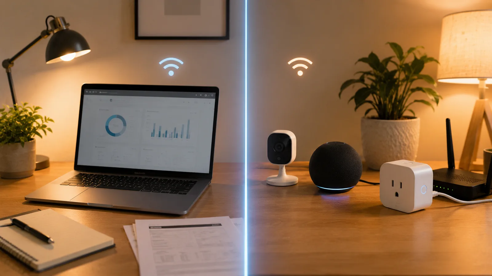 A diagram-style home office showing smart devices on one wifi network and a work laptop on another, separated for security.