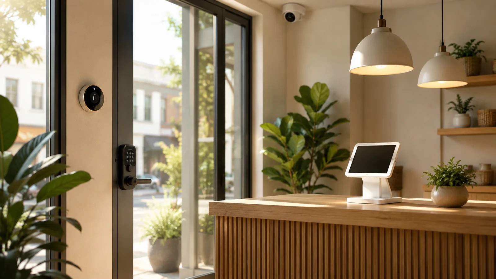 A small business storefront interior with a smart thermostat, a keypad door lock, a ceiling camera, and a reception display.