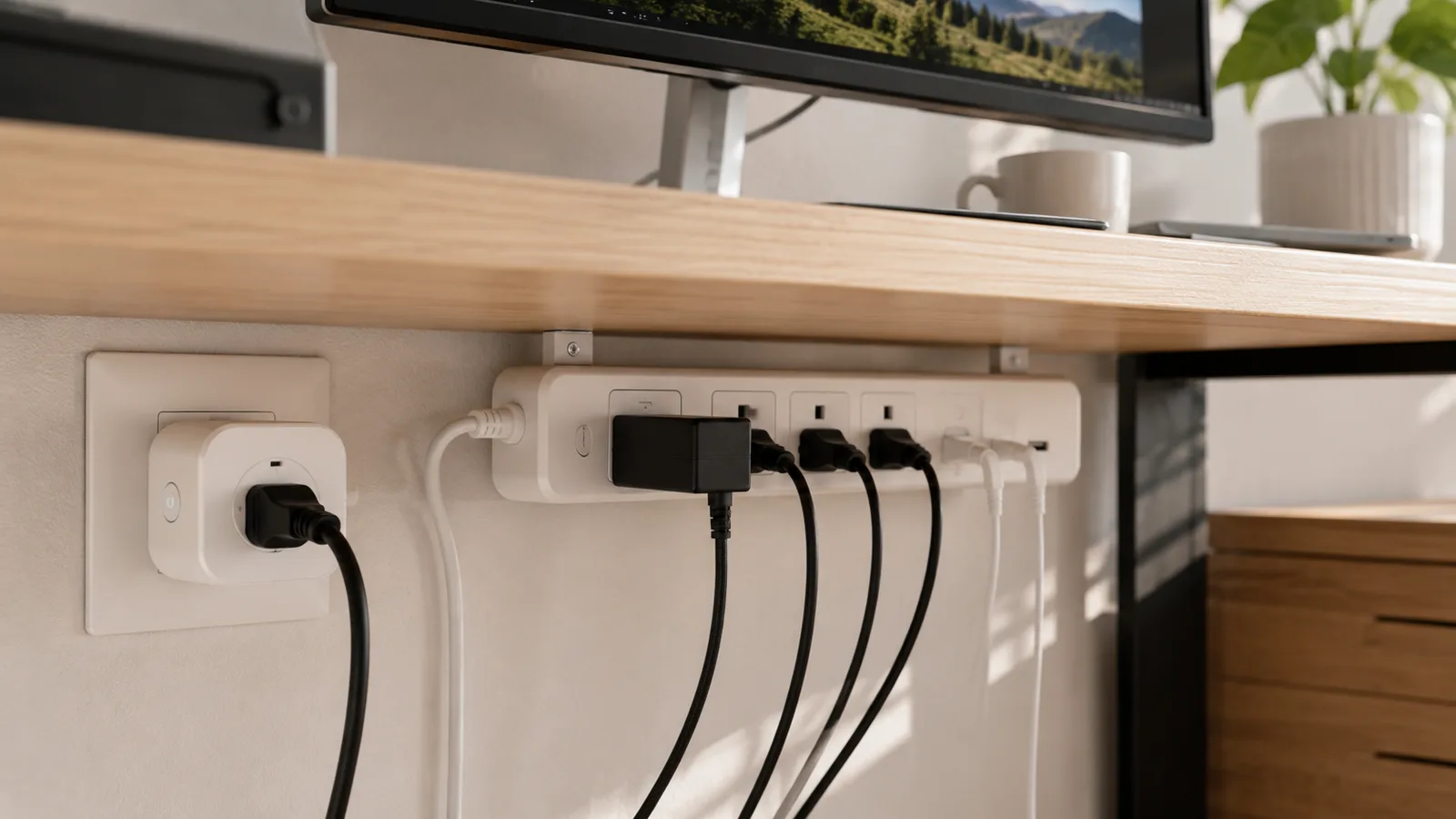 A smart plug and a smart power strip side by side under a desk, representing the choice between controlling one outlet or several.
