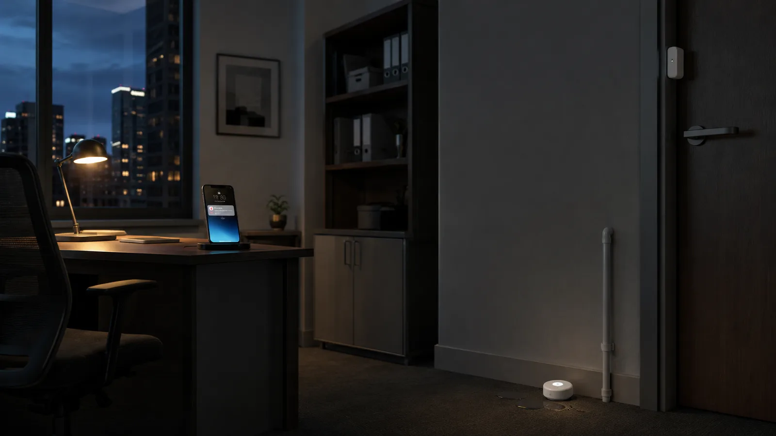 A small water-leak sensor placed on the floor next to a pipe in an empty office, with a phone showing an alert, representing sensors that watch an unattended office.