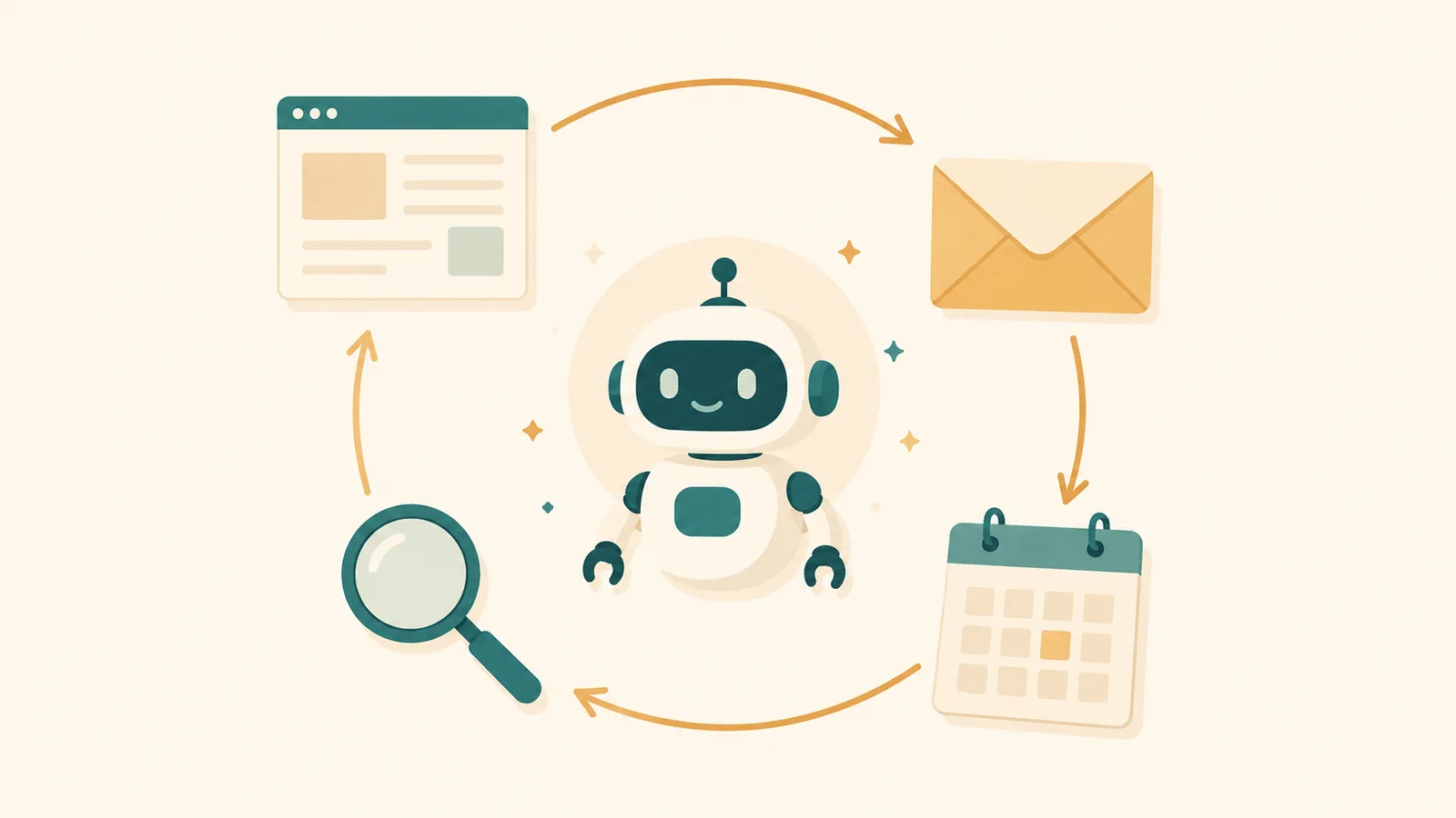 An illustration of an AI agent at the center of a loop, carrying out tasks like browsing, emailing, and scheduling on its own.