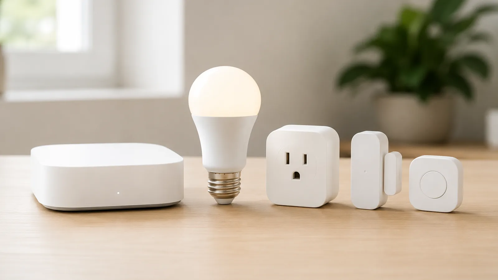 A Zigbee hub and Matter-compatible devices from different brands arranged side by side.