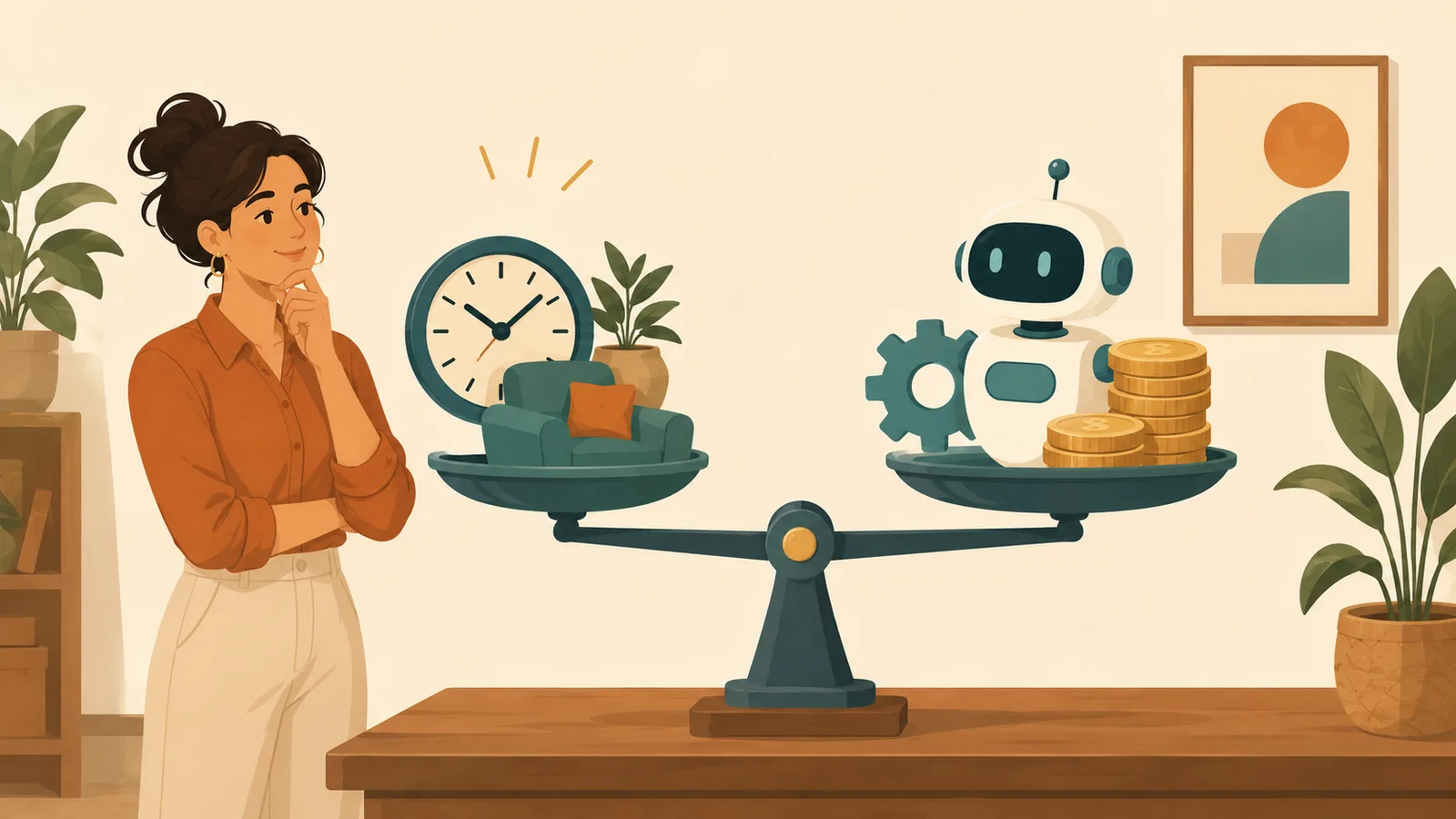 An illustration of a small-business owner weighing an AI agent's monthly cost and setup time against the hours it saves.
