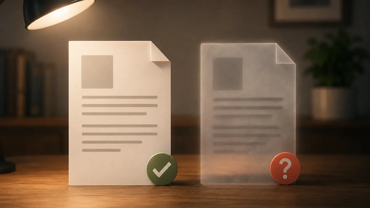 A real document and a fabricated one side by side on a desk, one marked with a check and one with a question mark