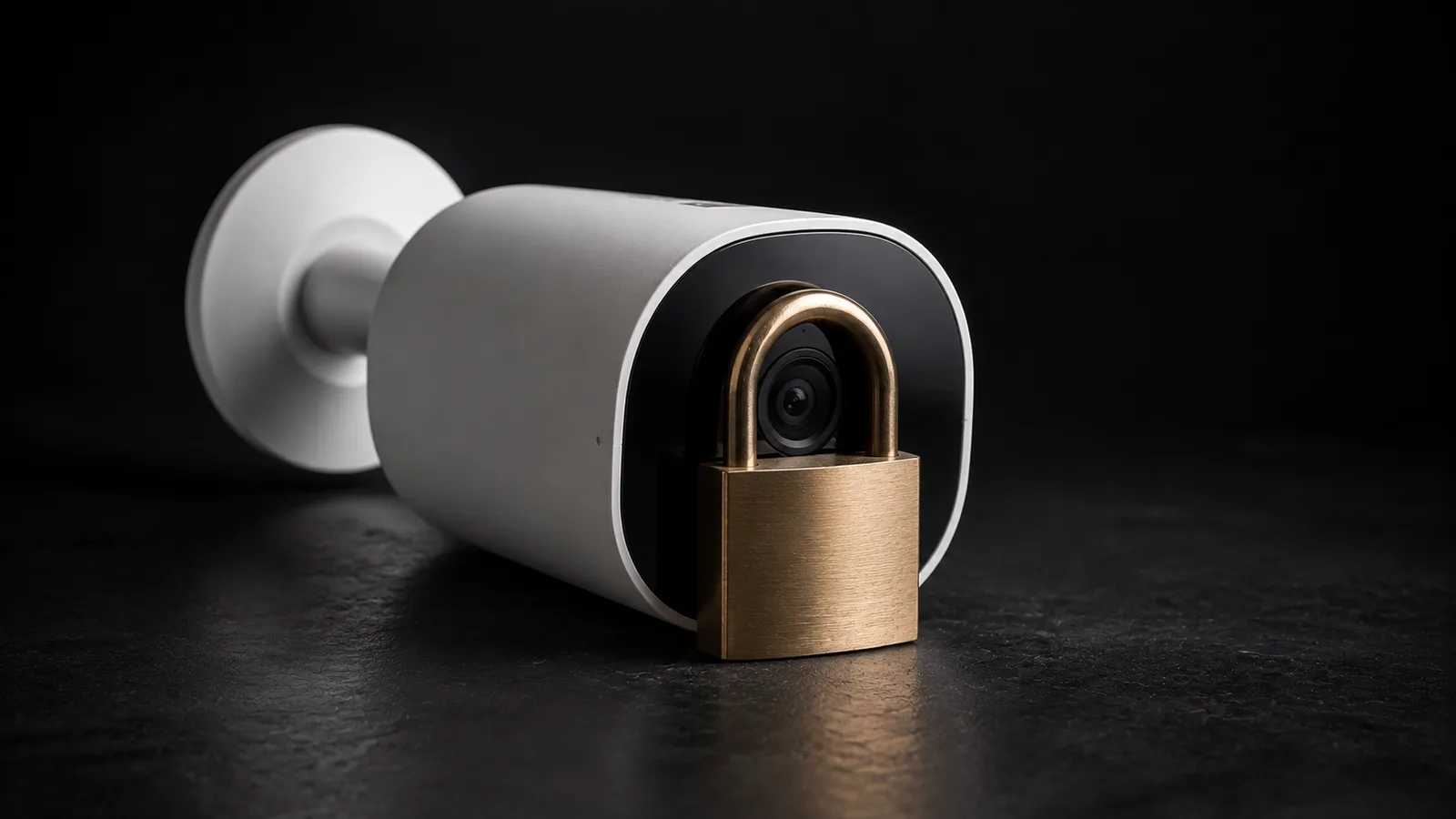 A white security camera lying on its side on a dark surface with a closed brass padlock resting against its lens, covering it.