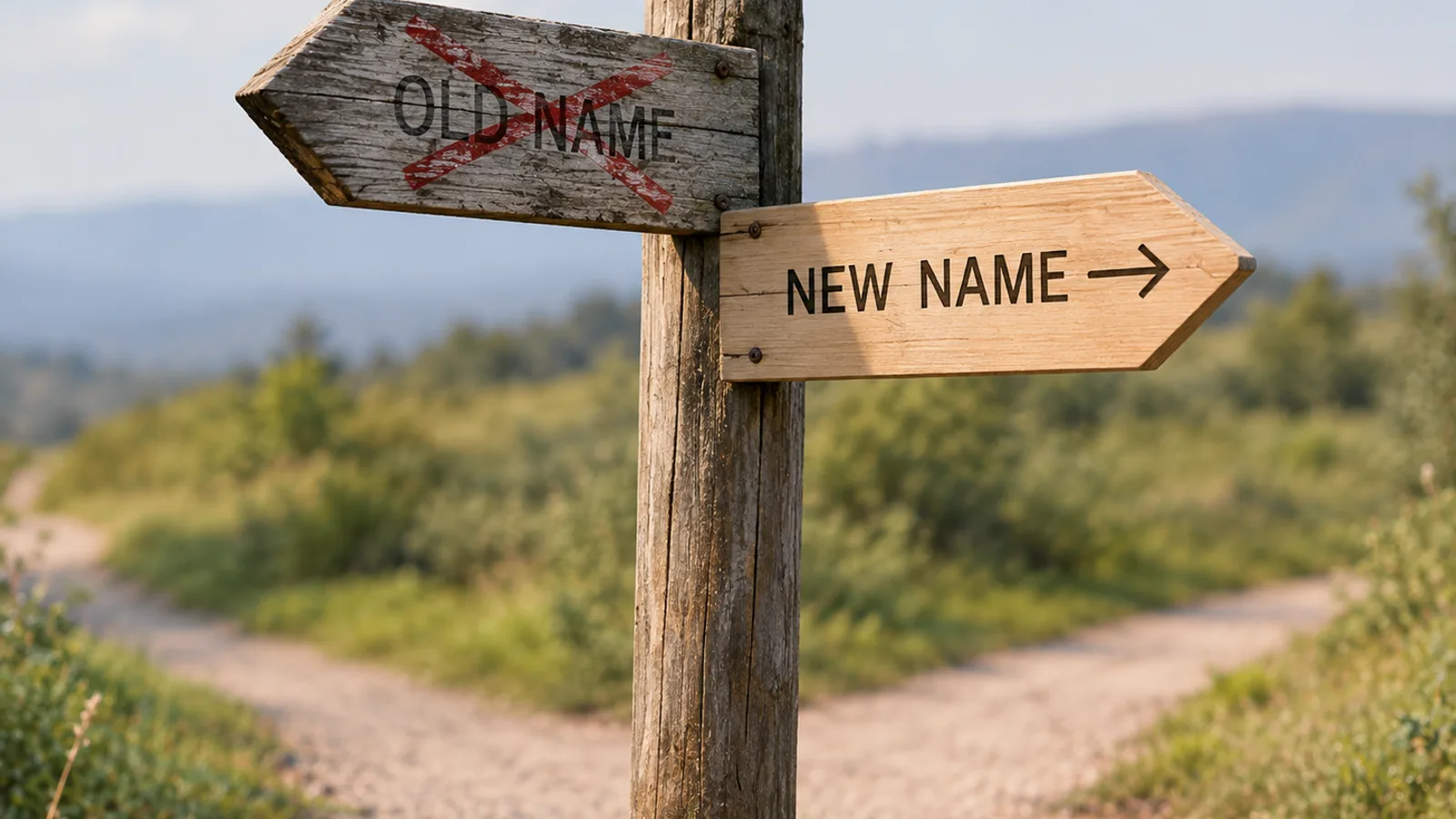 A wooden signpost at a fork with one weathered sign crossed out and a fresh sign pointing the other way, symbolising an AI tool being renamed rather than shut down
