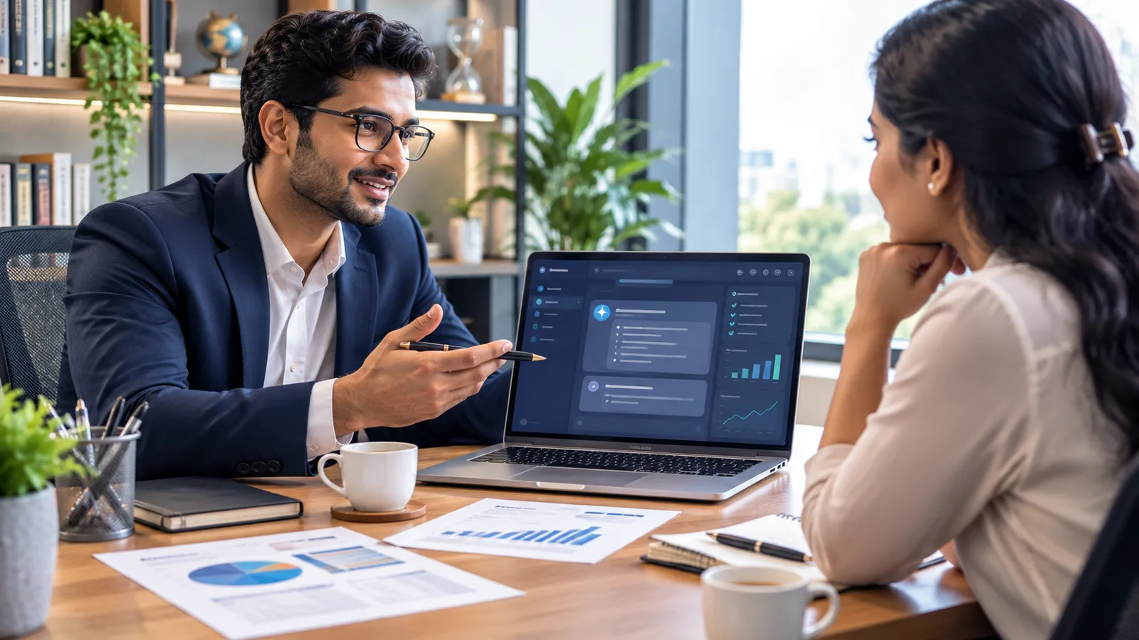 Two professionals in a client meeting with a laptop between them running an AI note-taking assistant, illustrating meeting-notes-to-CRM tools for financial advisors