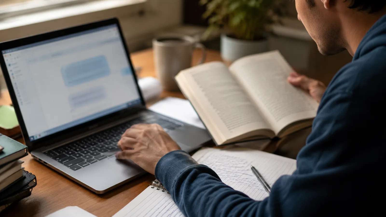 A student at a laptop with an AI study tool open, cross-checking an answer against an open textbook and handwritten notes