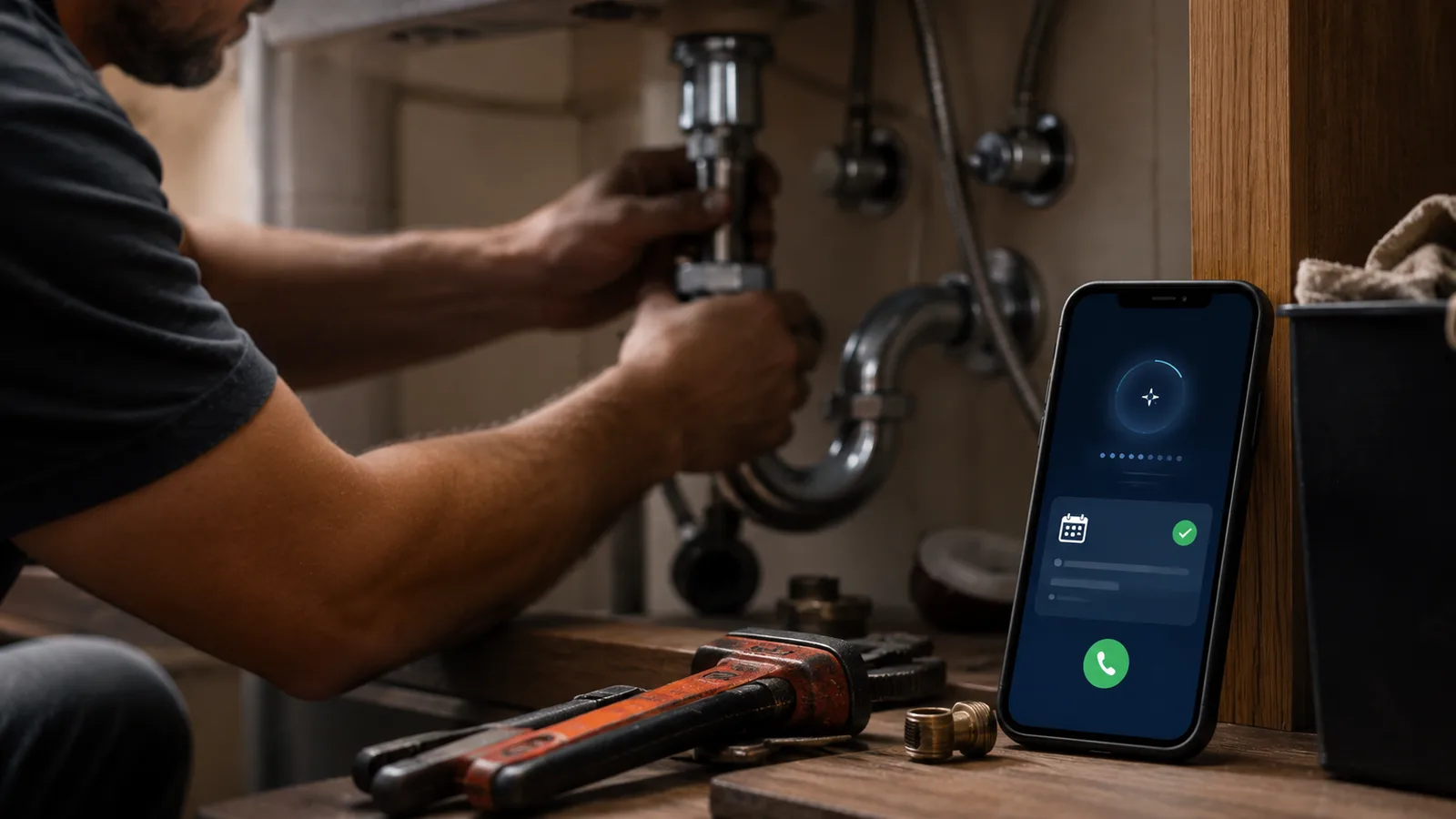 A tradesperson's hands busy fitting a pipe while a phone on a nearby surface shows an incoming call being answered automatically and a job booked