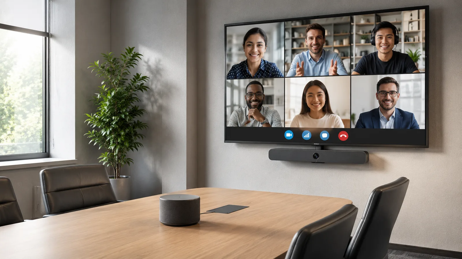 A small office meeting room with a wall-mounted video-conferencing screen and a speaker on the table, showing the platform's own voice being used to start a call