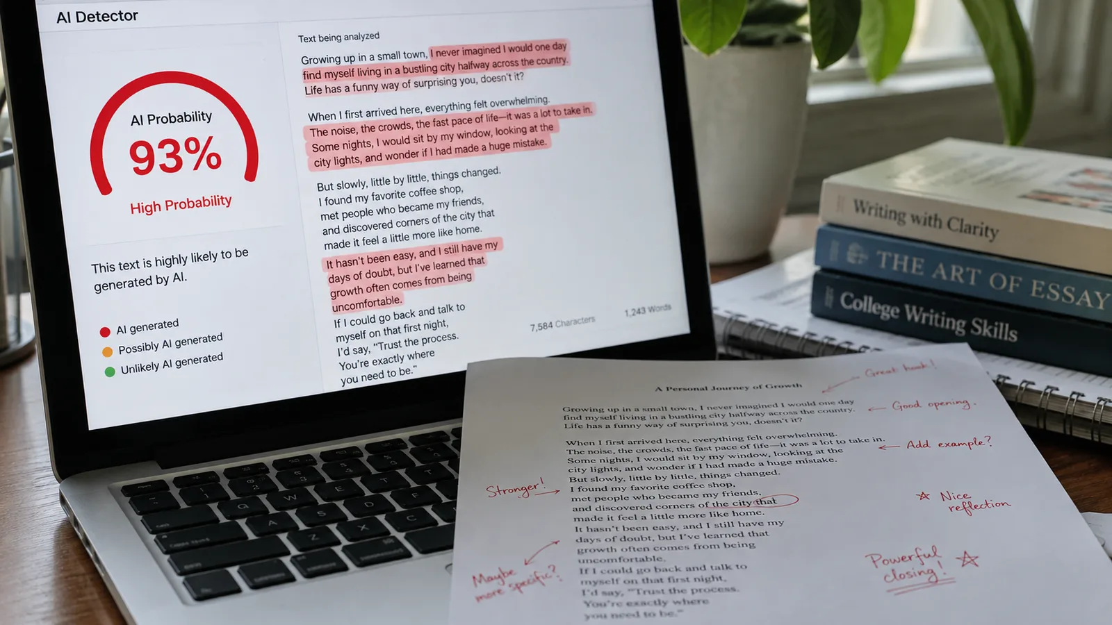 A laptop screen showing an AI detector reporting a high AI-probability score over a paragraph of genuinely human-written text, illustrating a false positive