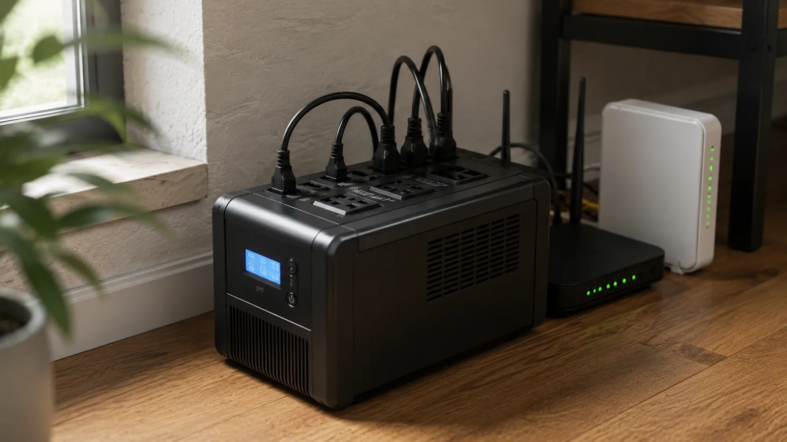 A UPS battery backup unit on the floor with a wifi router and modem plugged into its outlets, illustrating keeping the internet online during a power outage