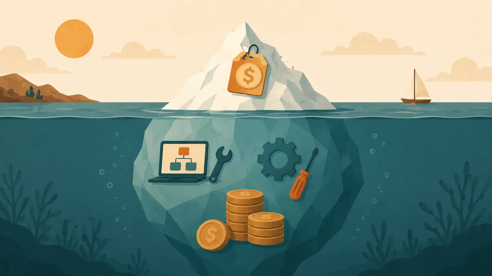 An iceberg illustration showing an AI agent's subscription as the small visible tip, and the real costs, setup, upkeep, and model fees, hidden below the surface.