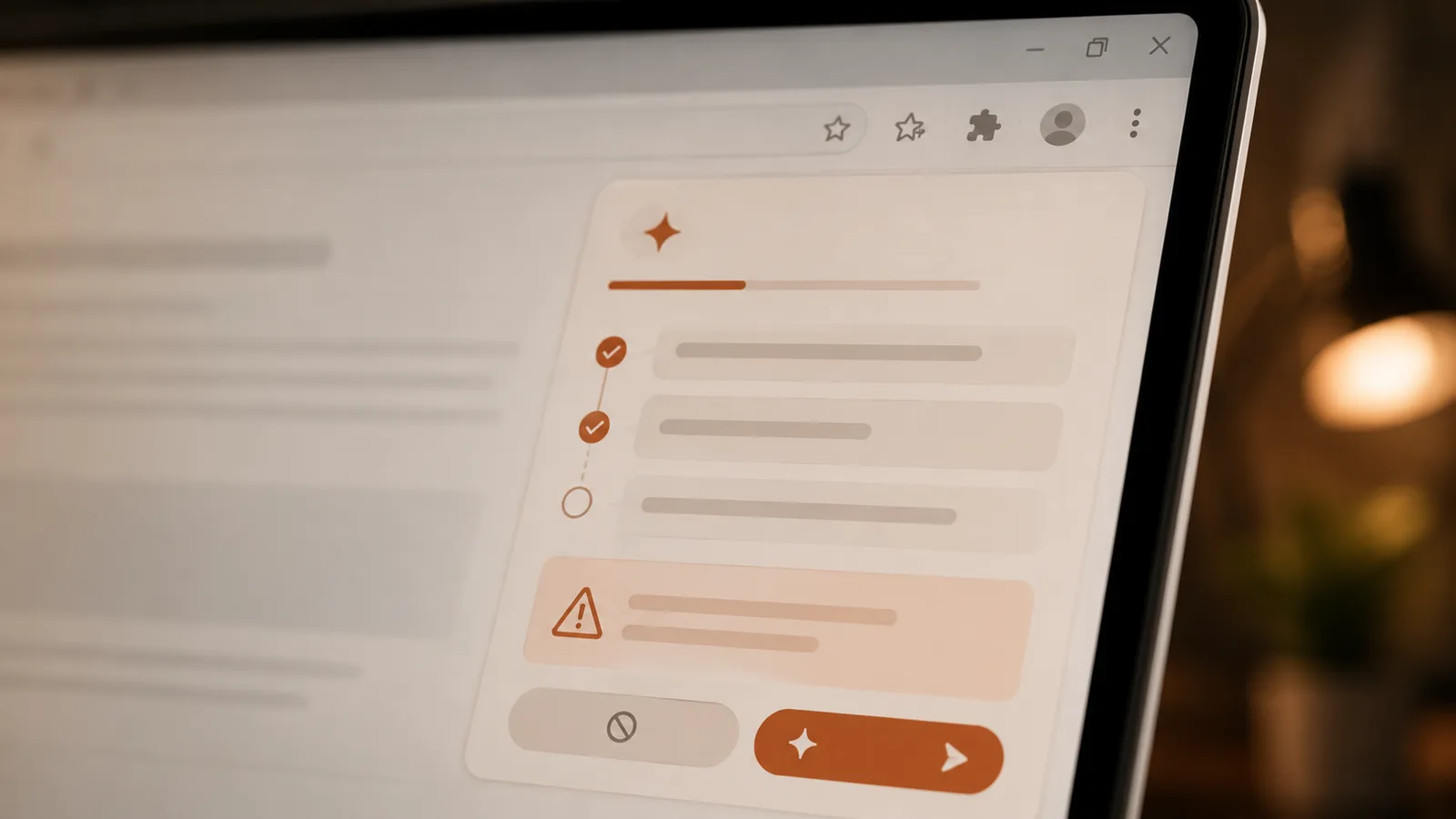 An AI browser agent about to act on your behalf, with a warning that a hidden instruction on the page could hijack it