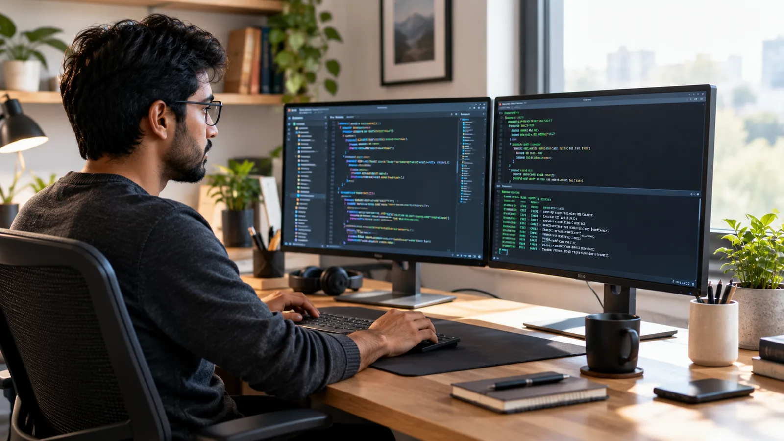 A developer at a desk reviewing AI-suggested code changes across two monitors, one showing an editor and one a terminal