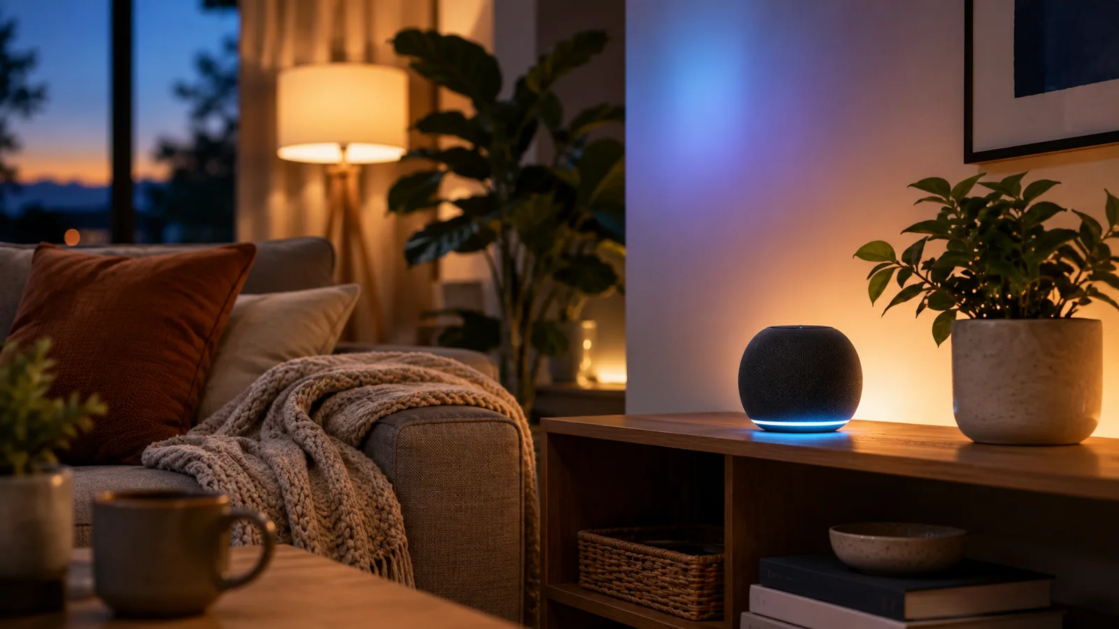 A cloud smart speaker glowing on a living-room shelf beside warm ambient smart lighting.