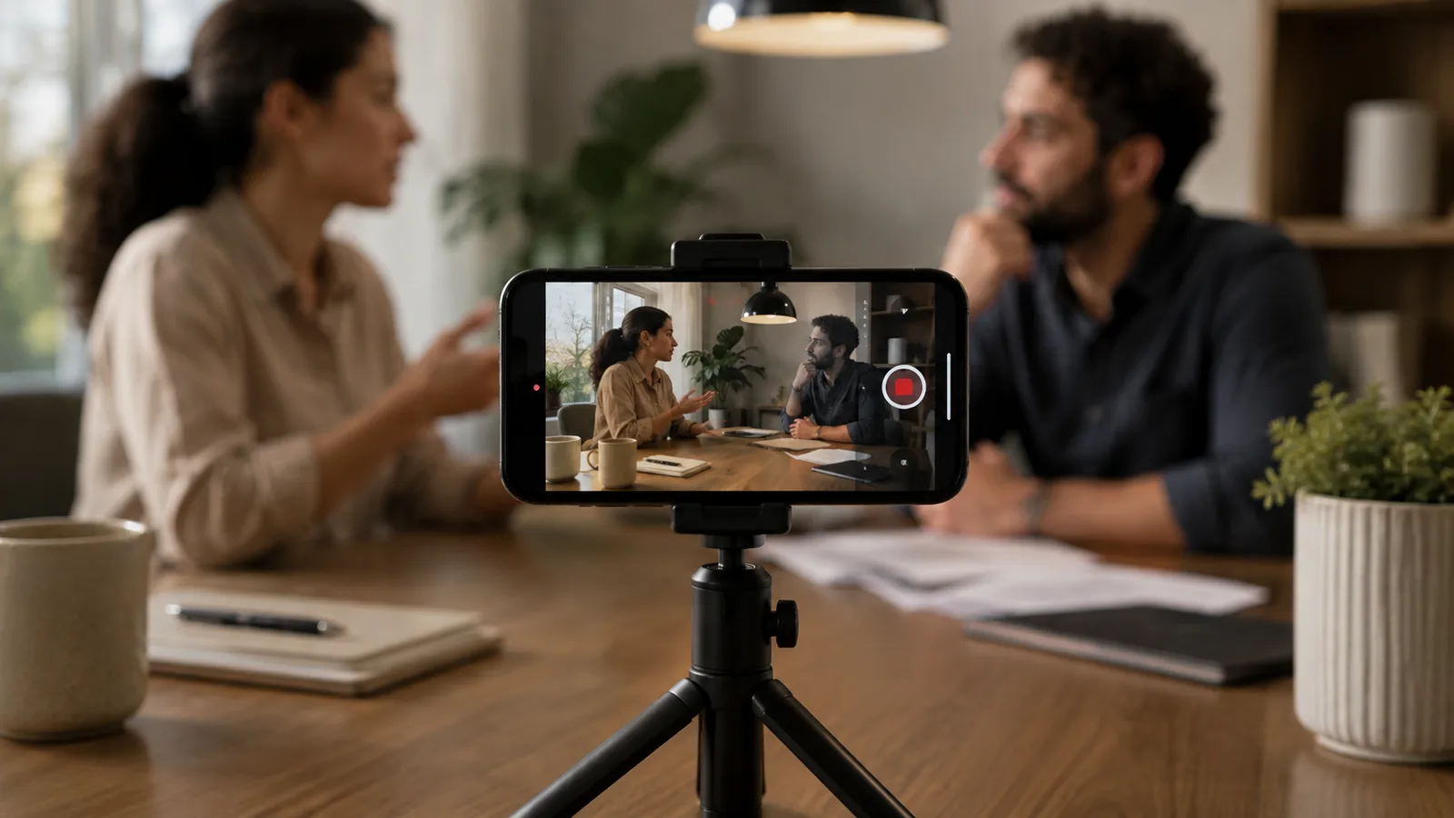 A phone on a small tripod quietly recording an in-person meeting, the kind of capture a bot-free notetaker allows