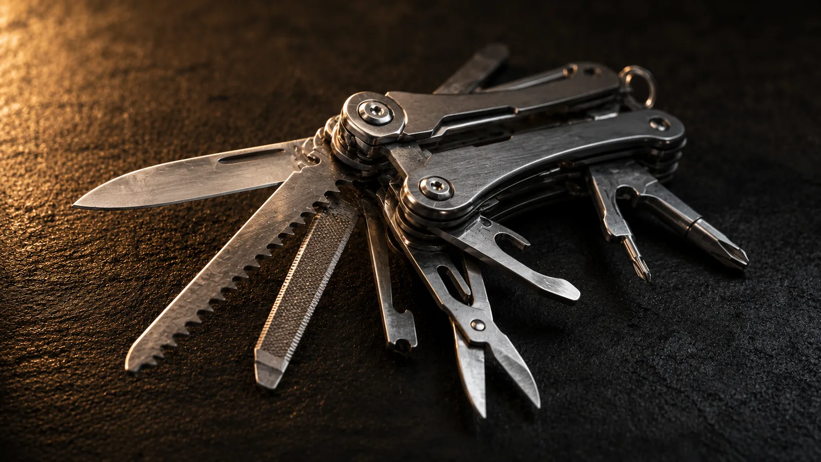 A multi-tool opened with its blades and implements fanned out, resting on a dark surface under a single warm light