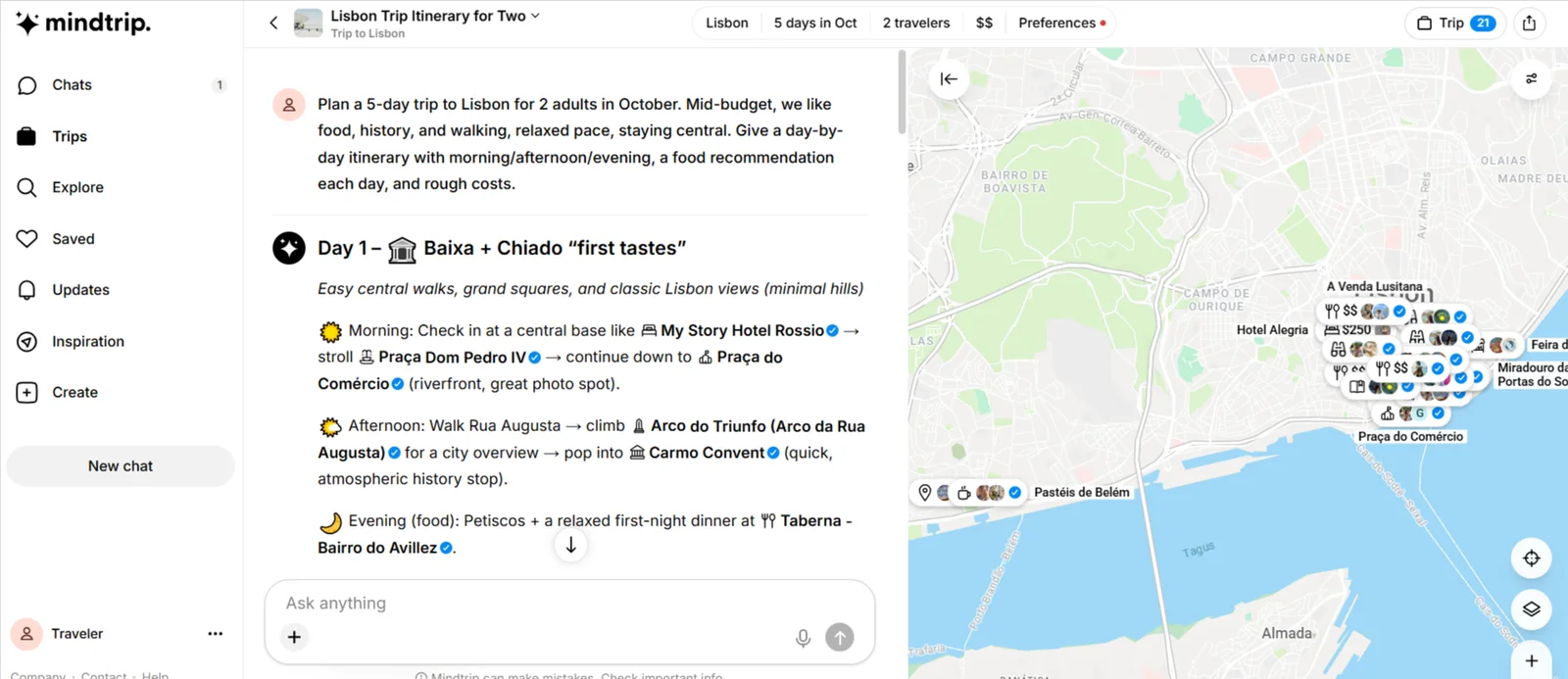 Mindtrip's Lisbon plan, the day-by-day itinerary on the left and every recommended stop pinned on an interactive map on the right.