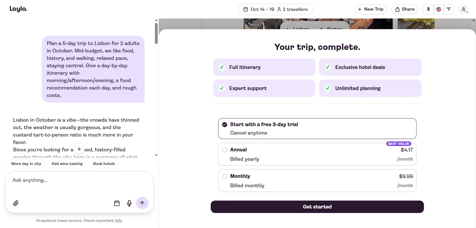 Layla's paywall covering the itinerary, offering a three-day trial plus annual and monthly plans before it reveals the full plan.
