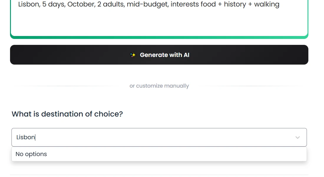 Wonderplan's planner with Lisbon typed into the destination box and a "No options" dropdown beneath it, leaving the form unable to submit.