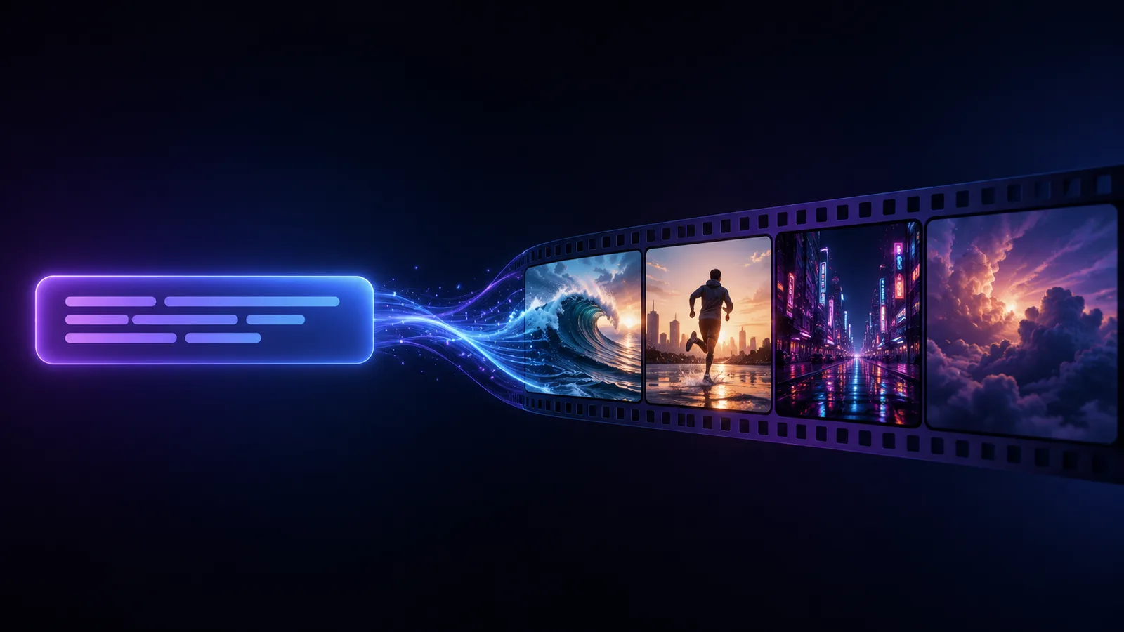A text prompt flowing into a filmstrip of AI-generated video frames, illustrating how a text-to-video generator turns a description into a clip