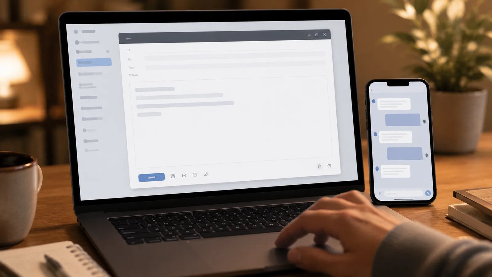 A laptop showing an email draft next to a phone with a chat assistant open, on a tidy desk in warm light