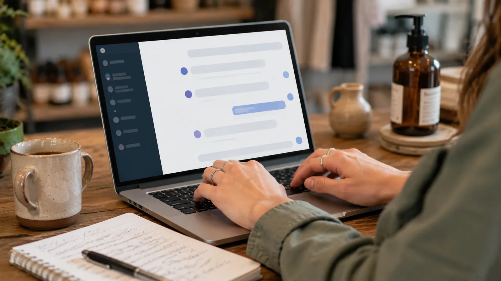 A small business owner at a laptop in their shop with a chat assistant open on the screen, warm natural light