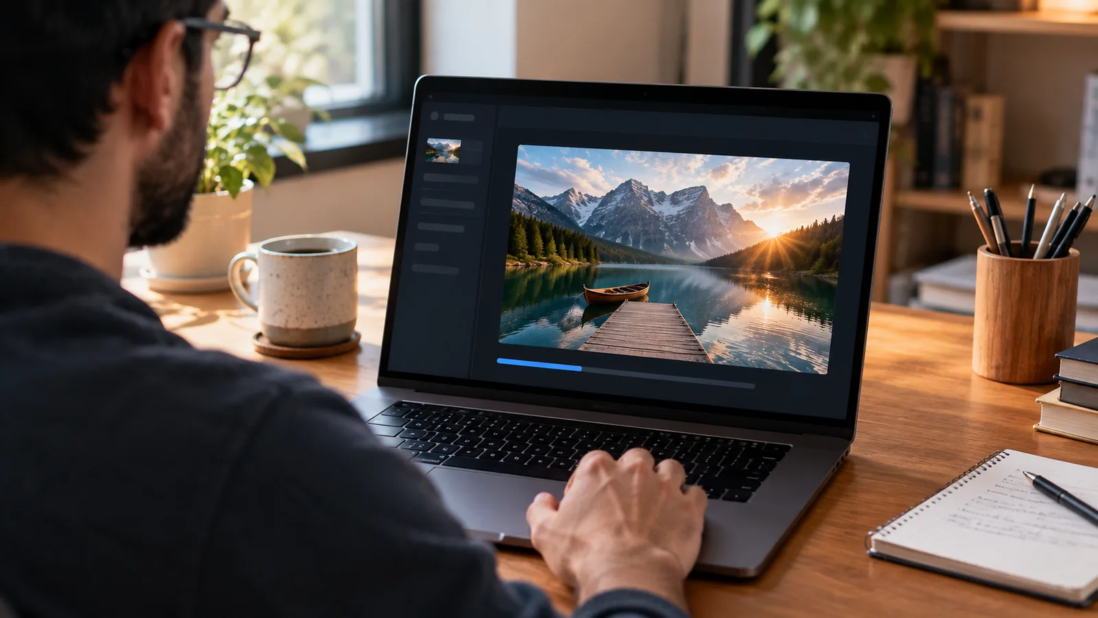 Over-the-shoulder view of a person at a laptop generating an AI image, the screen showing a photorealistic result mid-render