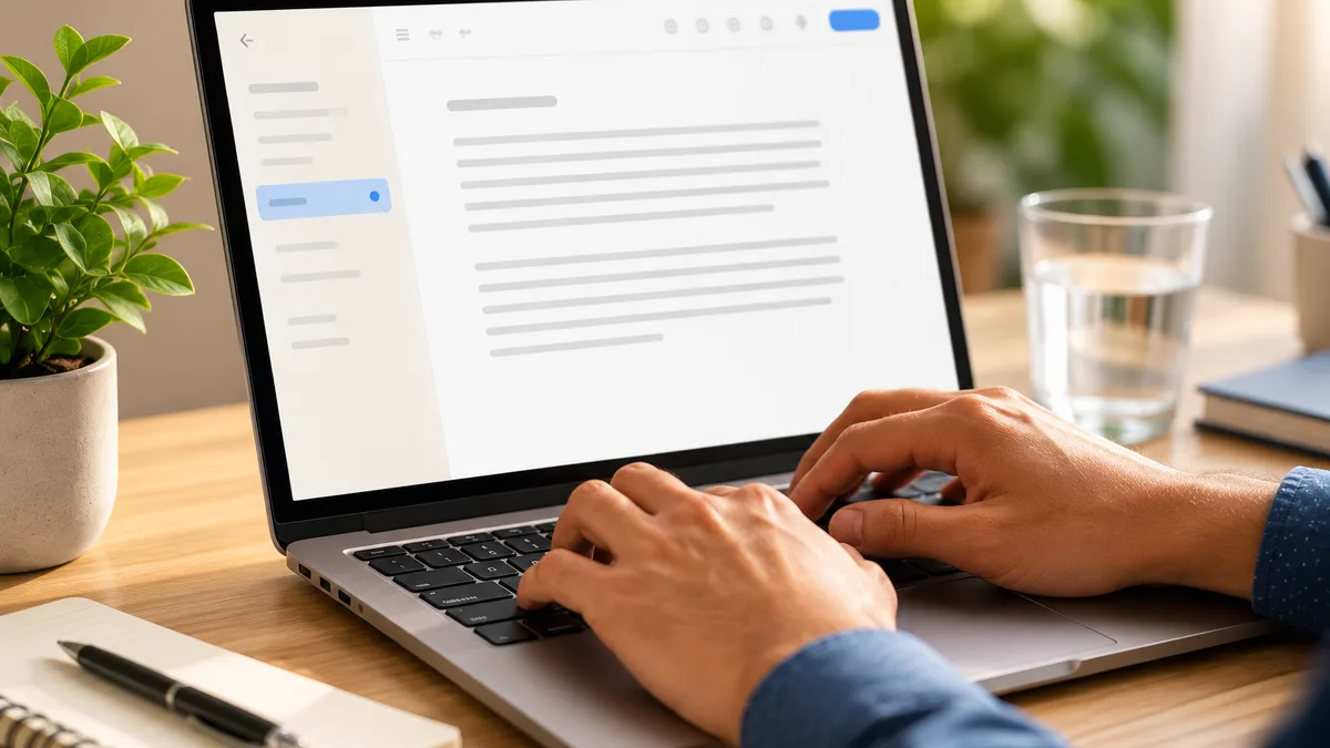 Close-up of hands typing on a laptop keyboard, a bright writing editor on the blurred screen, a small plant beside it