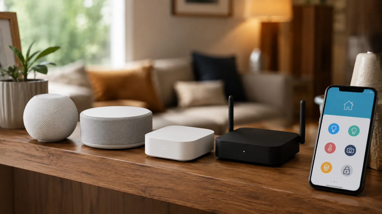 A row of smart home hubs from Apple, Google, Amazon, and Aqara arranged on a wooden shelf next to a phone running a home app
