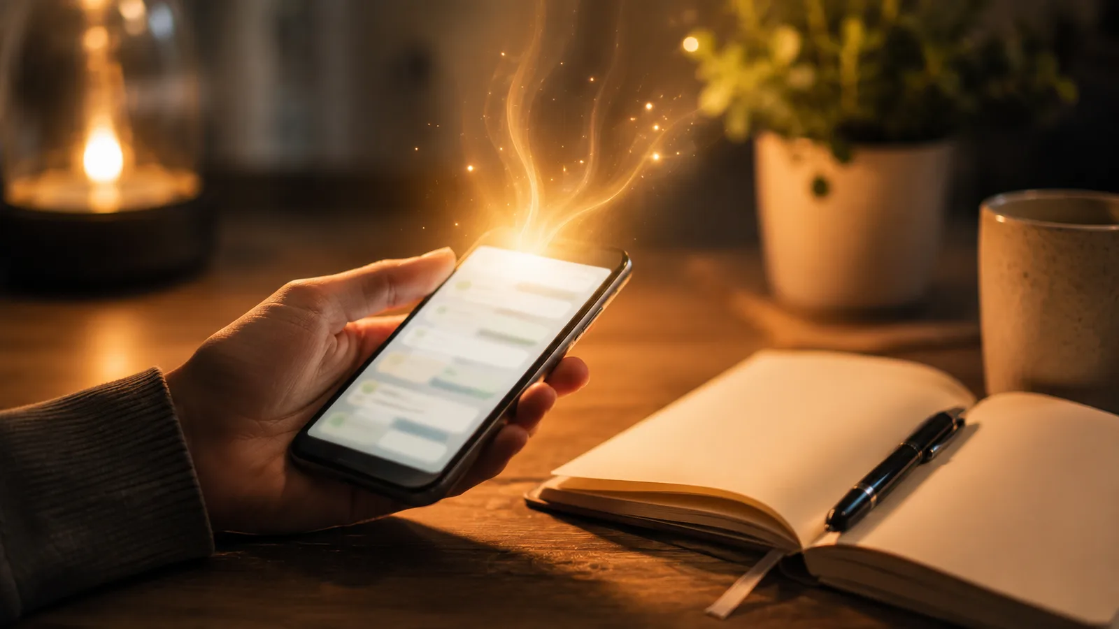 A hand holding a phone with a soft glow rising from the screen, a notebook and pen resting on the warm desk beside it