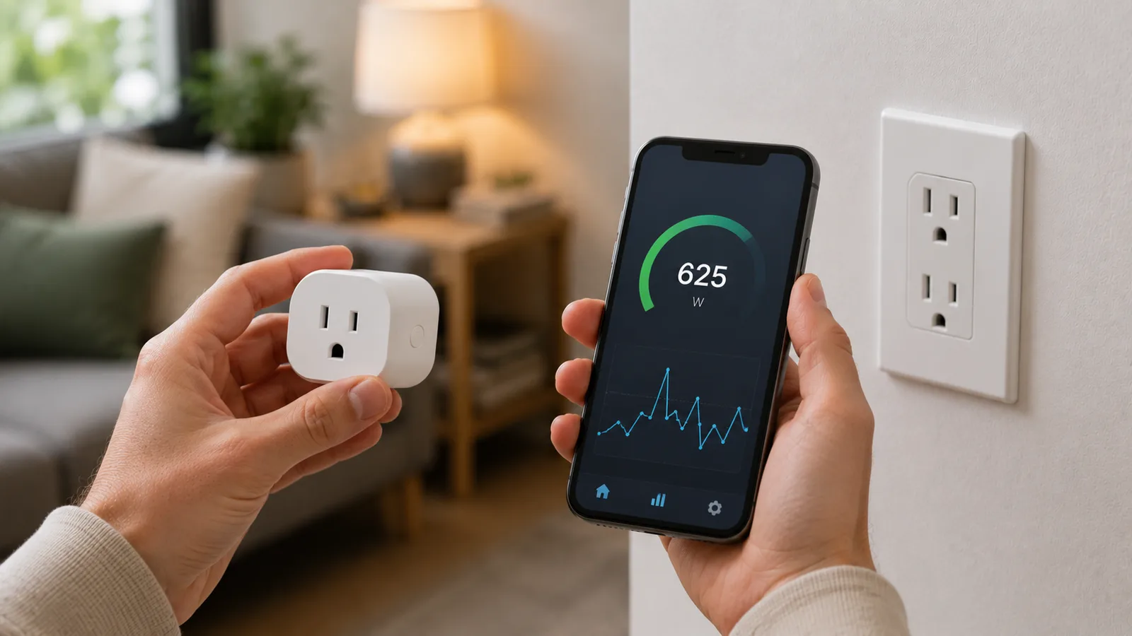 Several smart plugs from different brands on a table beside a wall outlet and a phone showing a power-usage app
