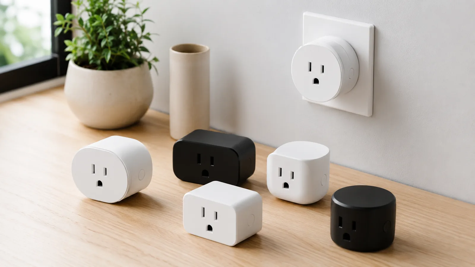 Several smart plugs from different brands beside a wall outlet and a phone showing a power-usage app.