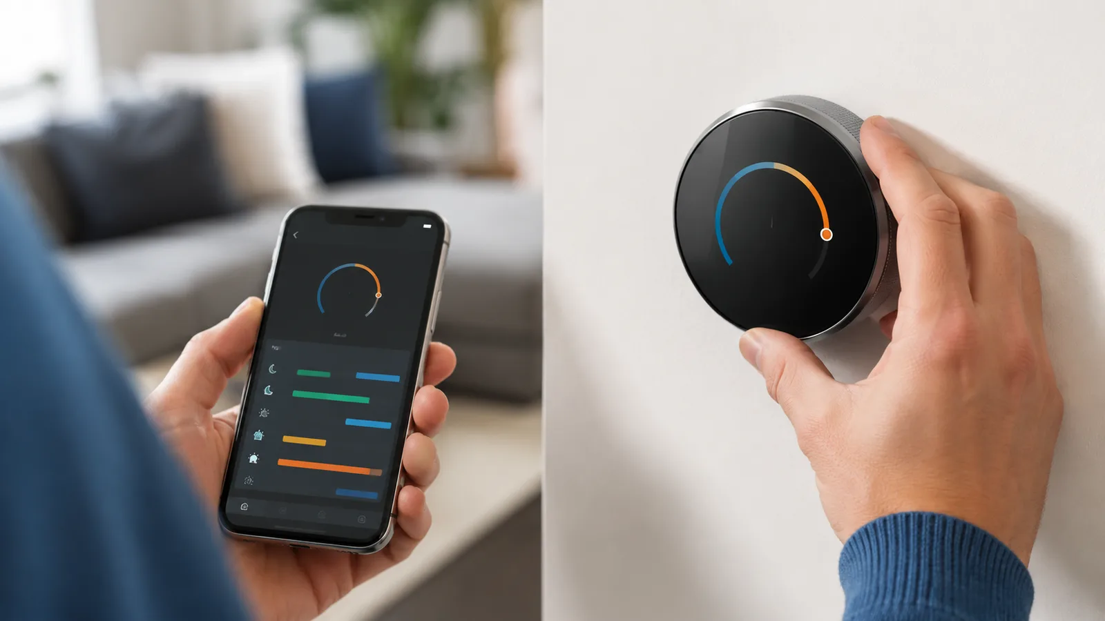 A smart thermostat on a wall showing room temperature, next to a smartphone displaying a heating schedule app