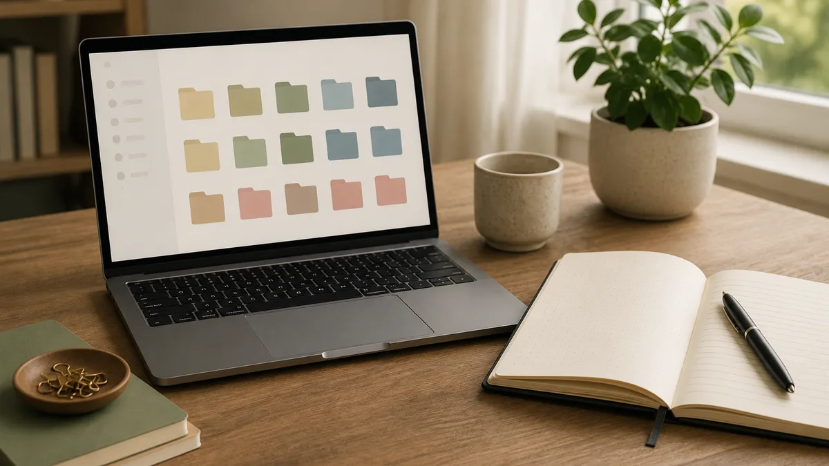 A tidy desk with a laptop showing labelled folders beside an open notebook and a pen