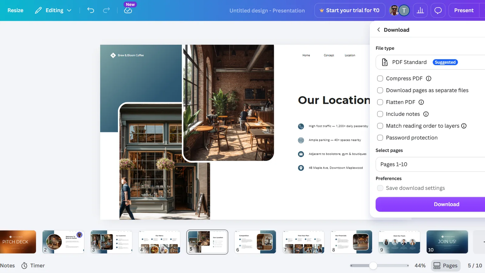 Canva's download panel showing free PDF and PowerPoint export of the AI-generated deck, with premium-only options marked.